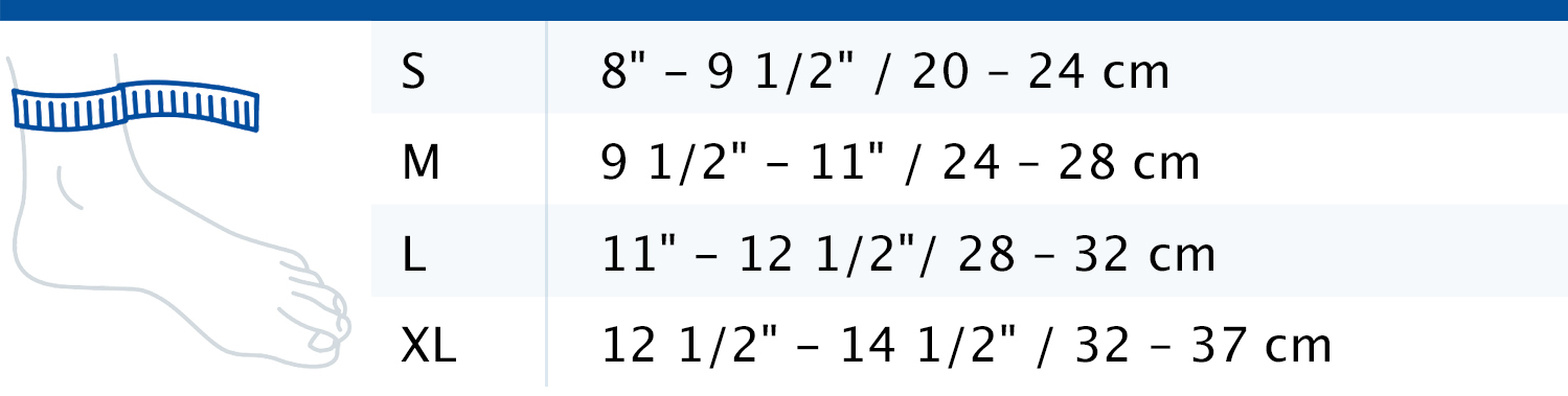 Tablica veličina koja prikazuje mjere za prilagodljive Actimove Sports Edition Ankle Support steznike
 Tablica veličina koja prikazuje mjere za prilagodljive Actimove Sports Edition Ankle Support steznike